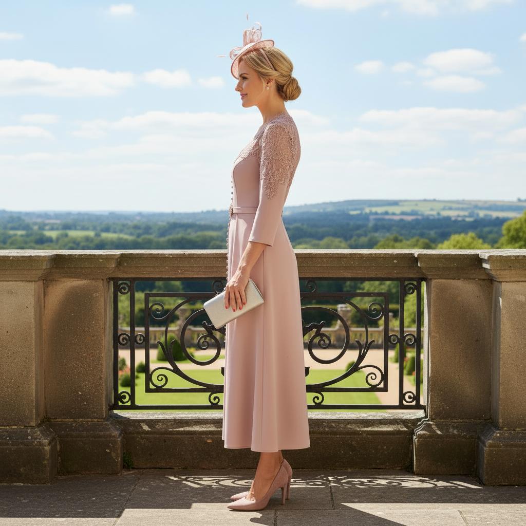 Woman in a dusty pink dress with lace sleeves by veni infantino - Signature Dress