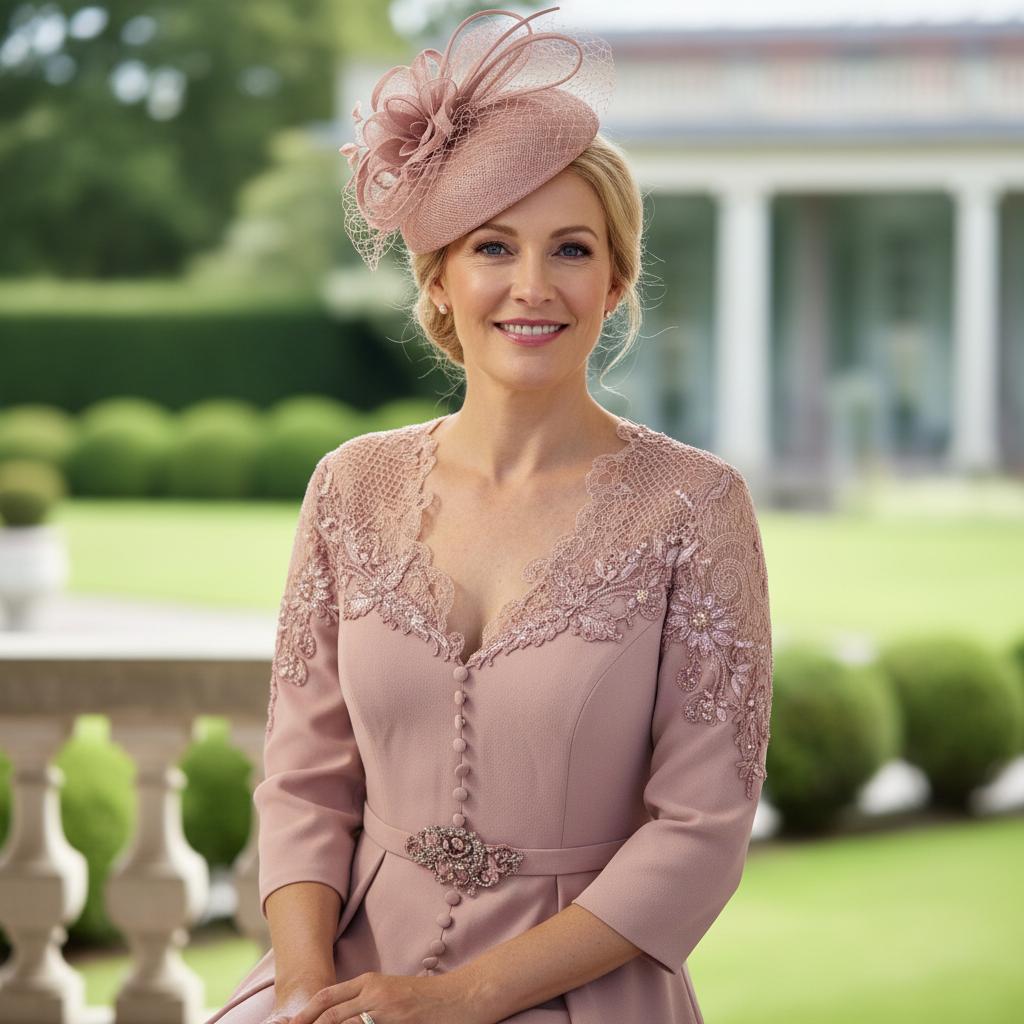 Woman in a dusty pink dress with lace sleeves by veni infantino - Signature Dress