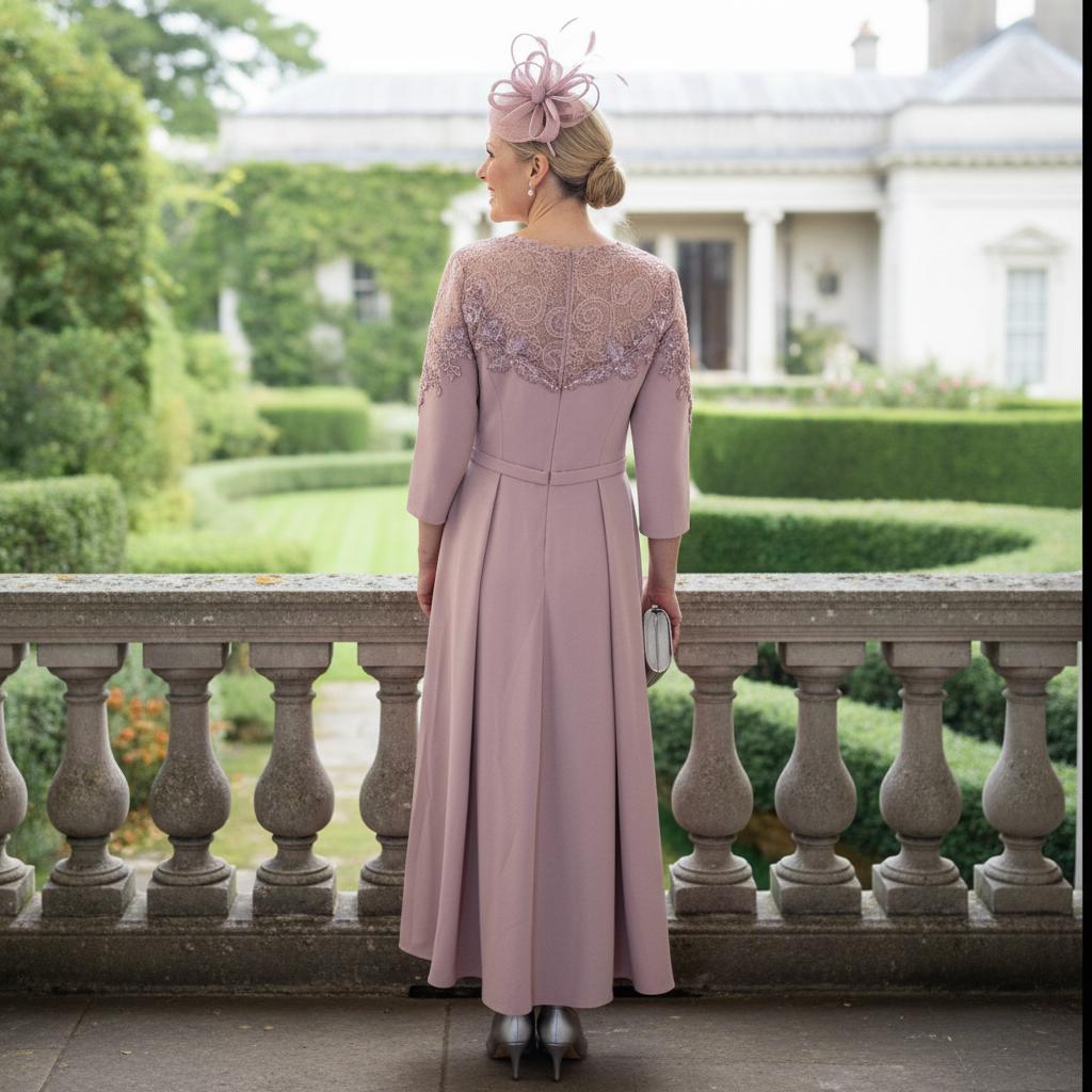 Woman in a dusty pink dress with lace sleeves by veni infantino - Signature Dress