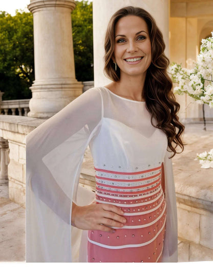 This stunning dress in a beautiful coral and ivory colour has chiffon arms, has a concealed zip to the back, it is lined and has slight stretch for comfort, finished with beads and pearl detail.