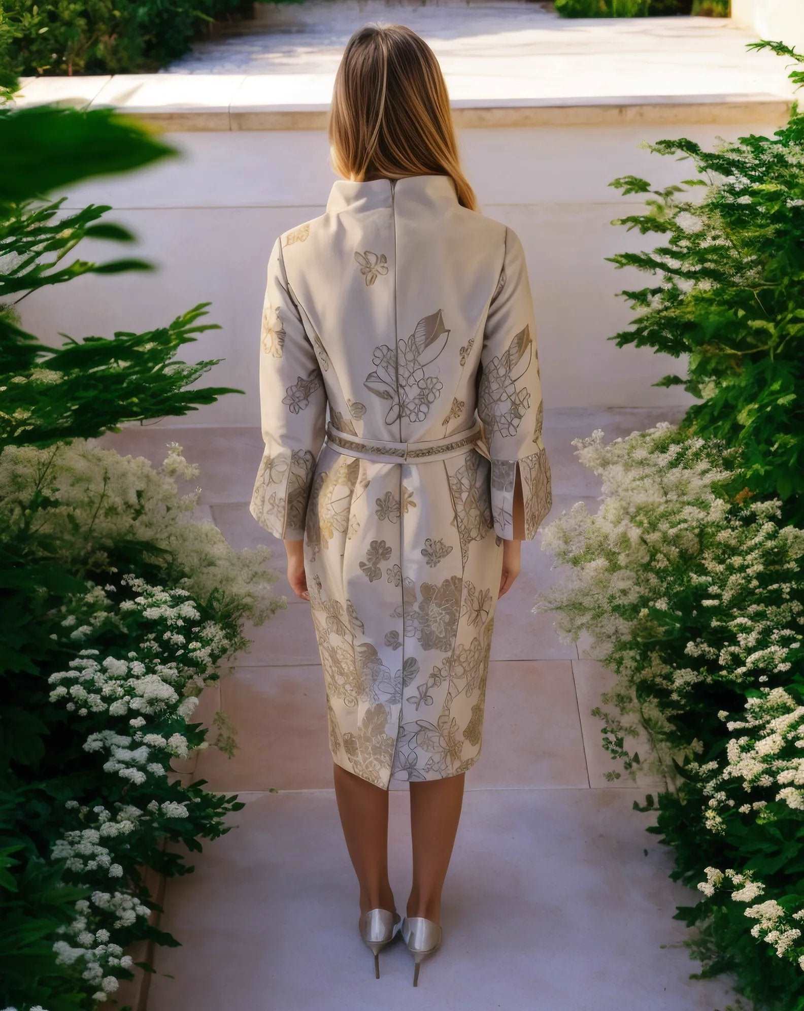 VenThis Veni Infantino dress, created by the infamous Ronald Joyce, features a discreet rear zip, charming 3/4 fluted sleeves, and is lined with a touch of elegance. Adorned with a beaded belt at the waist, you can easily remove it for a more simplified look if desired.