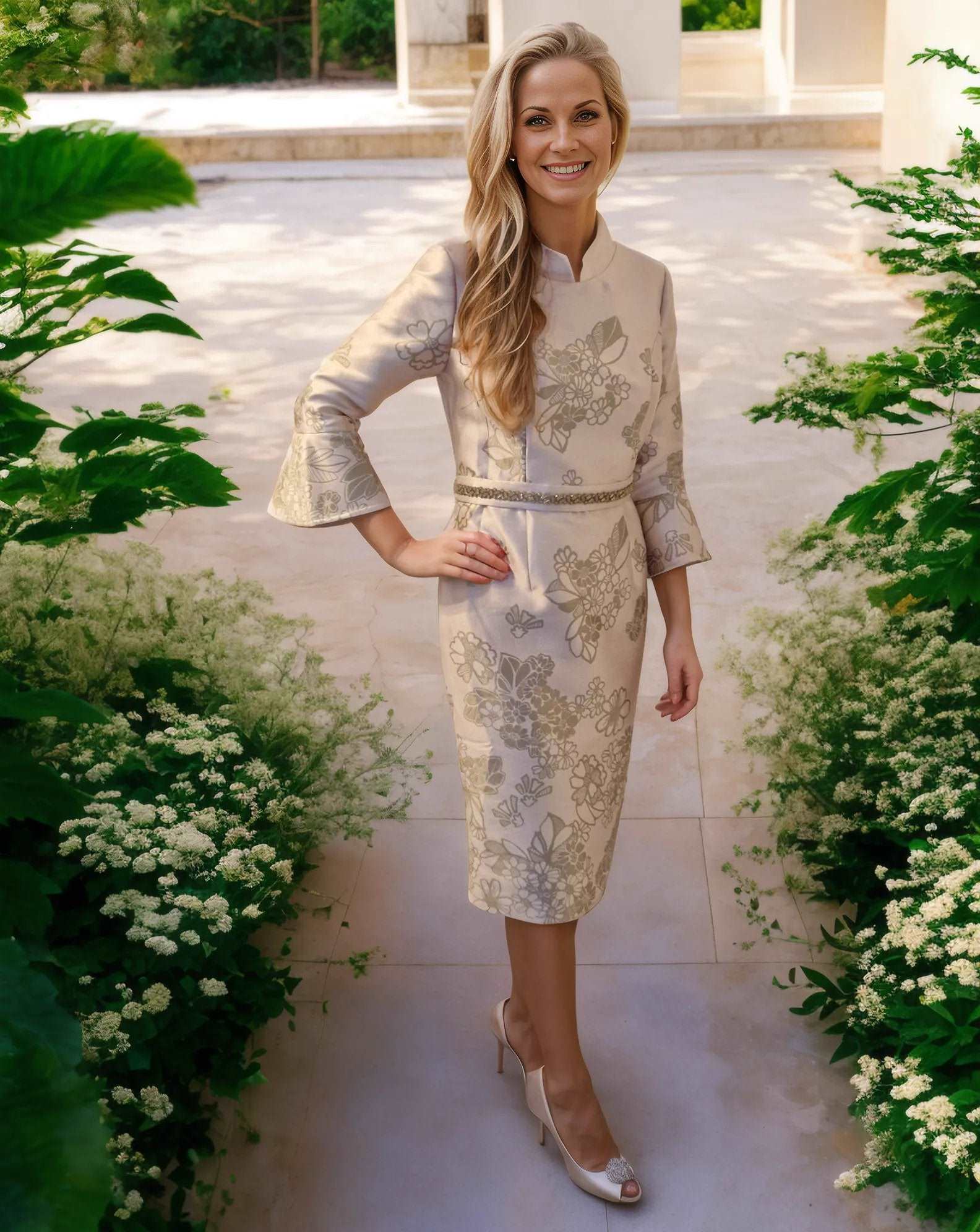 This Veni Infantino dress, created by the infamous Ronald Joyce, features a discreet rear zip, charming 3/4 fluted sleeves, and is lined with a touch of elegance. Adorned with a beaded belt at the waist, you can easily remove it for a more simplified look if desired.