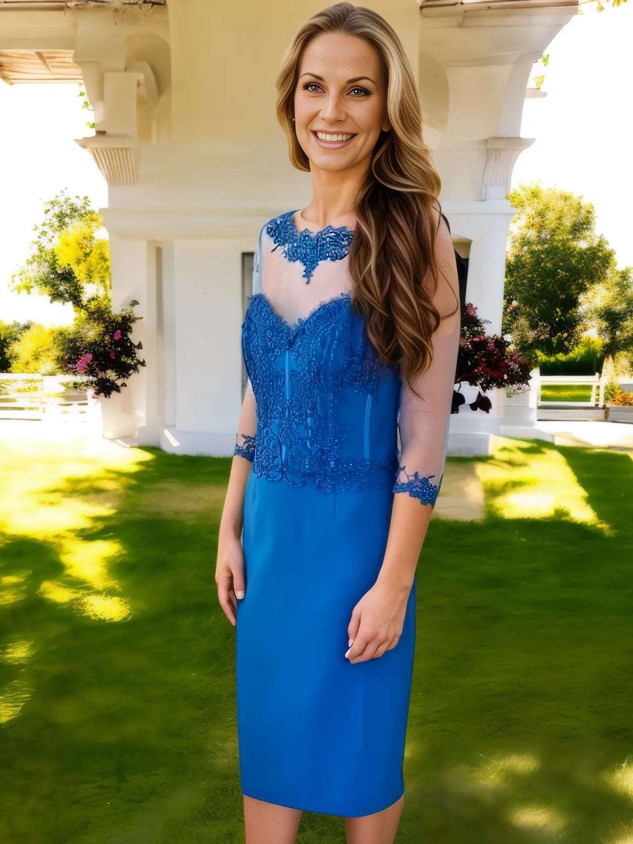 Elegant Mother of the Bride outfit with concealed back zip, exquisite details, and vibrant blue colour. Boned bodice for silhouette and padded bust for support and comfort.