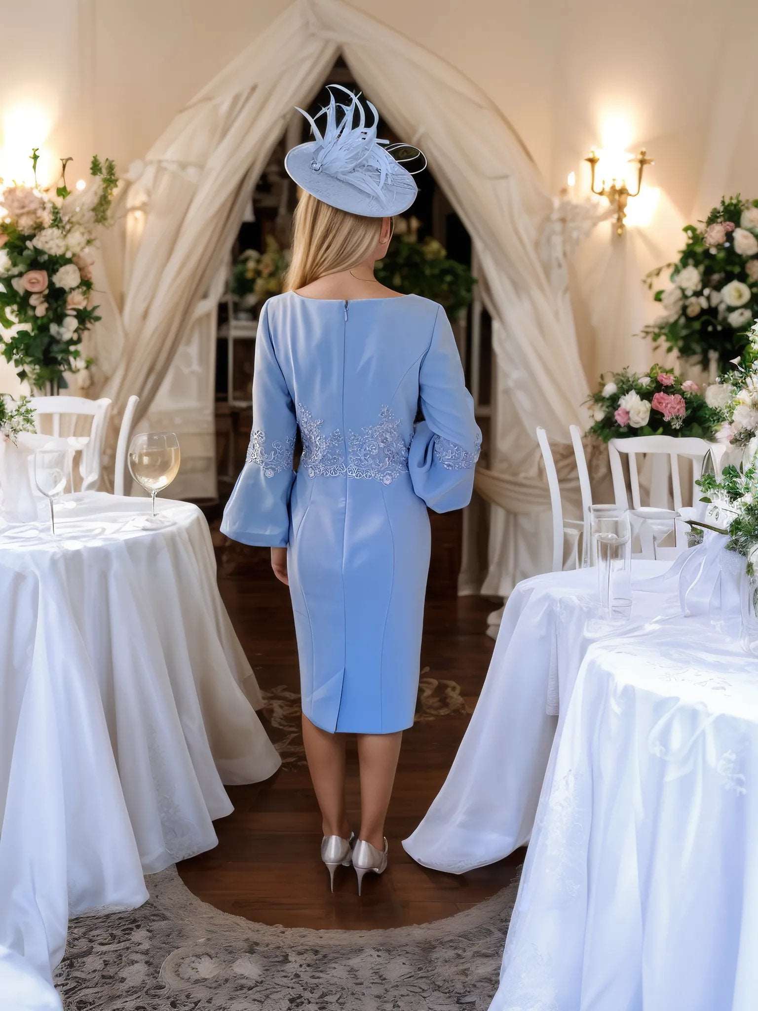 Veni Infantino shift dress, with puff sleeves and pearls, is perfect for the mother of the bride or groom. It features a beautifully embellished pearls.