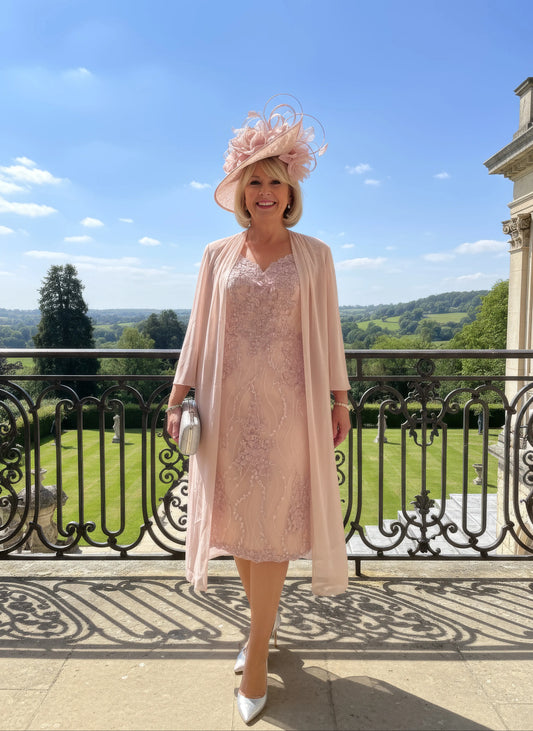 Woman in a light pink veni infantino v neck dress and hat standing on a stone balcony
