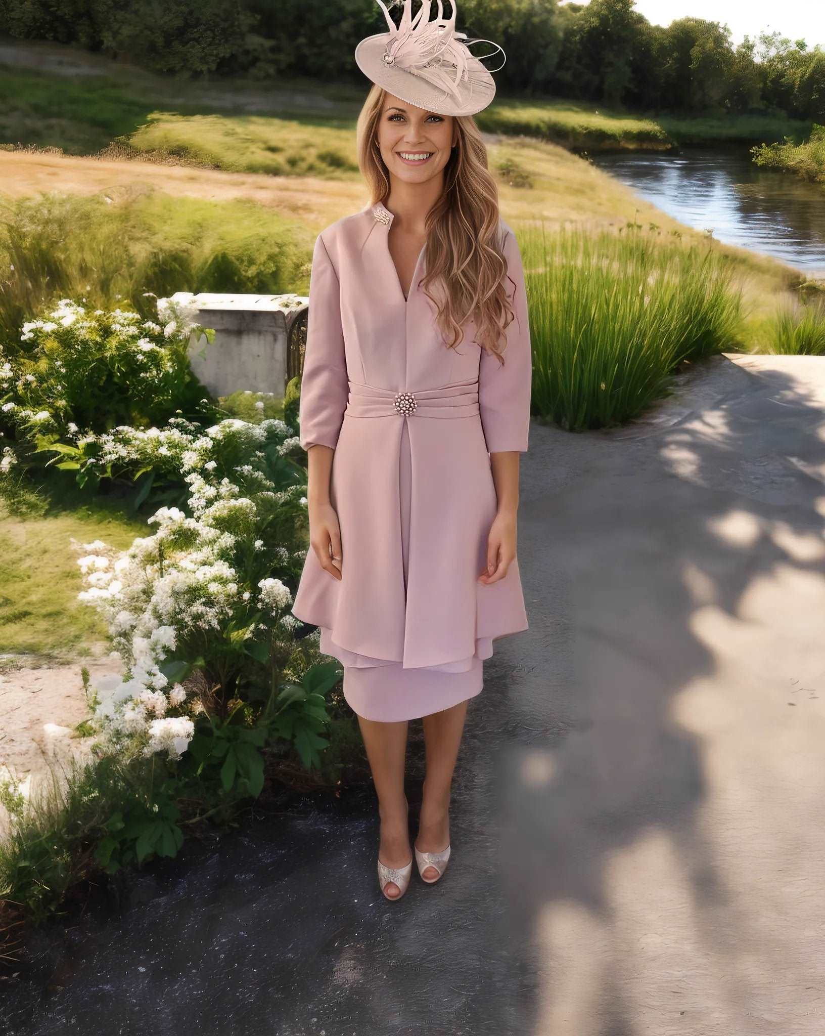 This is a modern knee length dress with an beautiful overlay to the skirt. A lovely v – neck finished with beautiful pearl detail on the collar to add that touch of class. 3/4 length sleeve and a flattering waistline finished perfectly with a small delicate broach.