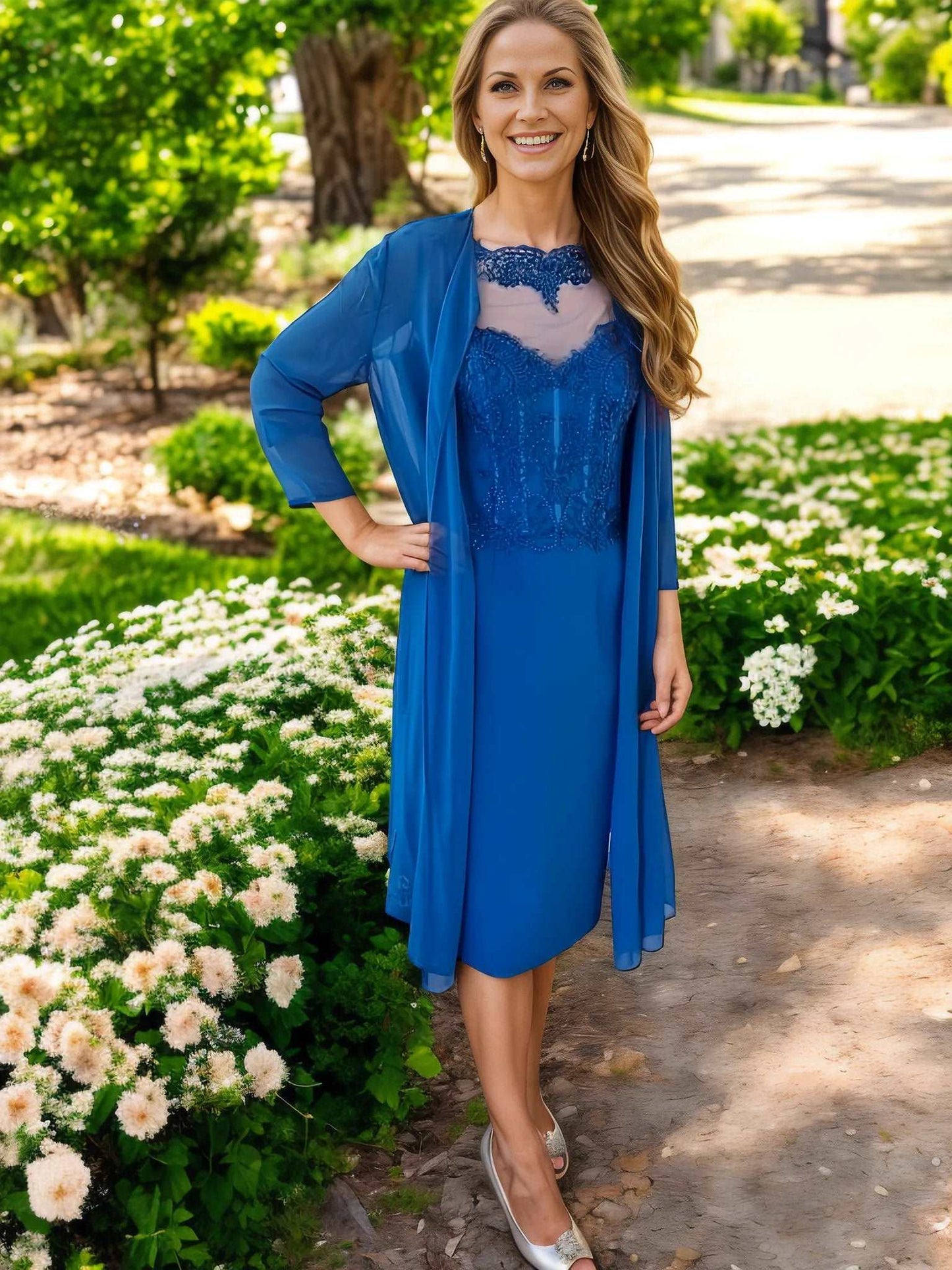 Elegant Mother of the Bride outfit with concealed back zip, exquisite details, and vibrant blue colour. Boned bodice for silhouette and padded bust for support and comfort.