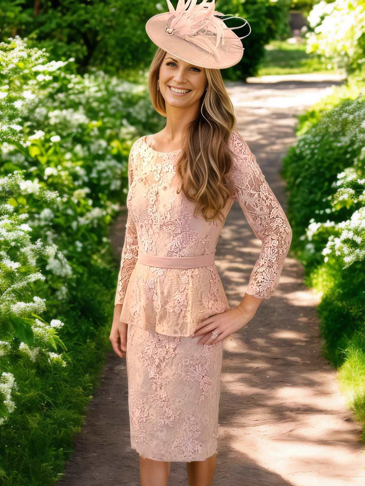 This dress is perfect for mothers of the bride. features intricate lace detailing and 3/4 sleeves, With a structured padded bust and a peplum waist.