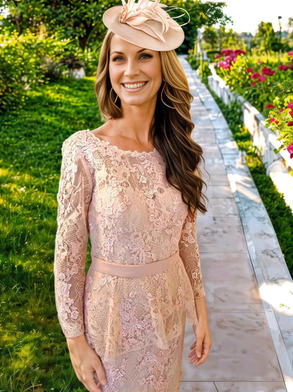 This dress is perfect for mothers of the bride. features intricate lace detailing and 3/4 sleeves, With a structured padded bust and a peplum waist.