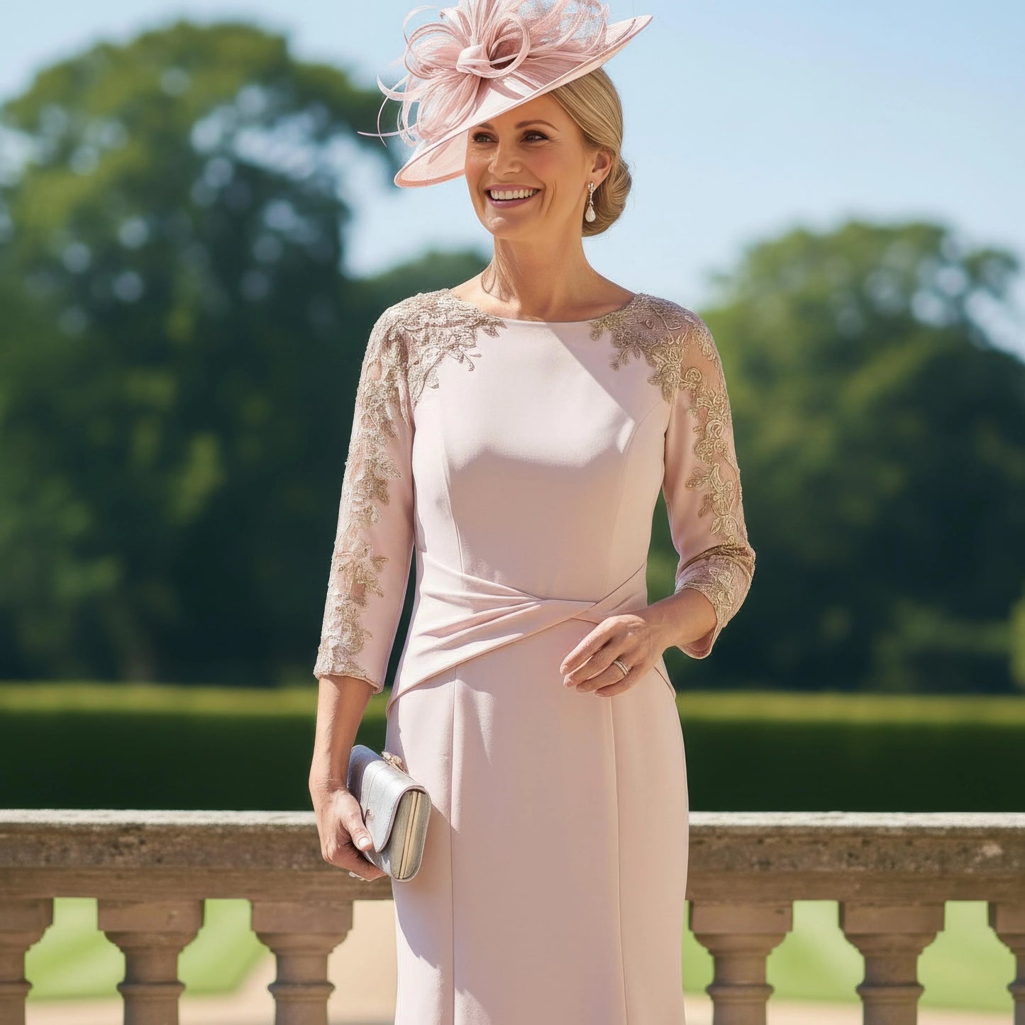 Veni Infantino Dress 991151 in blush peach colour with 3/4 sleeves and high low hem