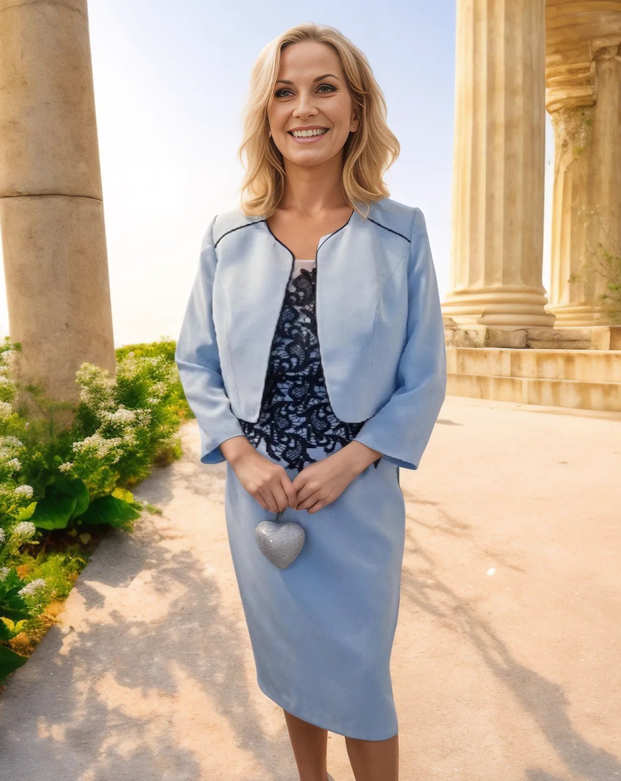  Veni Infantino Dress and Jacket in a sky blue hue complemented by navy lace. It includes sheer matching bolero jacket that also has three-quarter sleeves. 