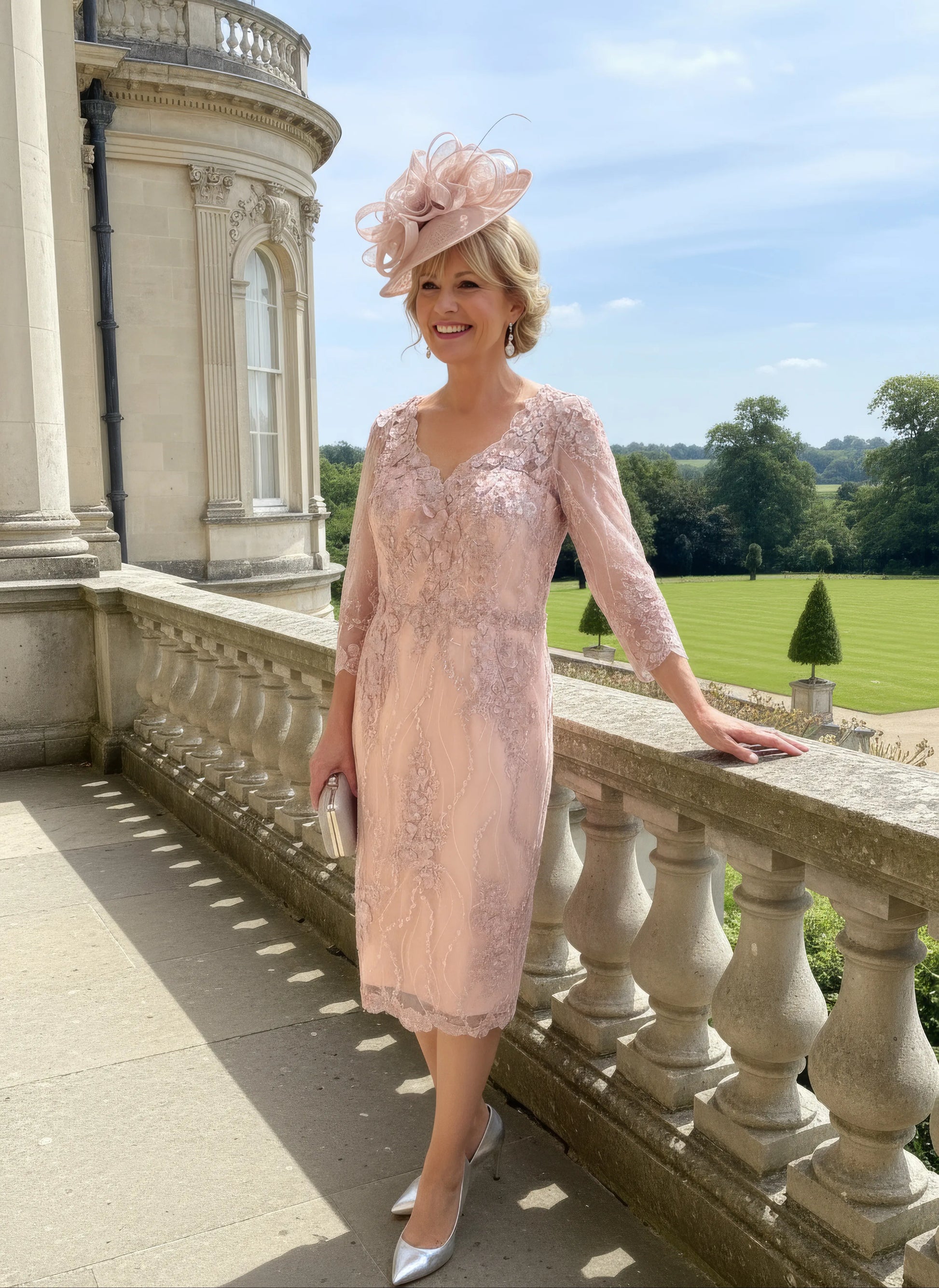 Woman in a light pink veni infantino v neck dress and hat standing on a stone balcony