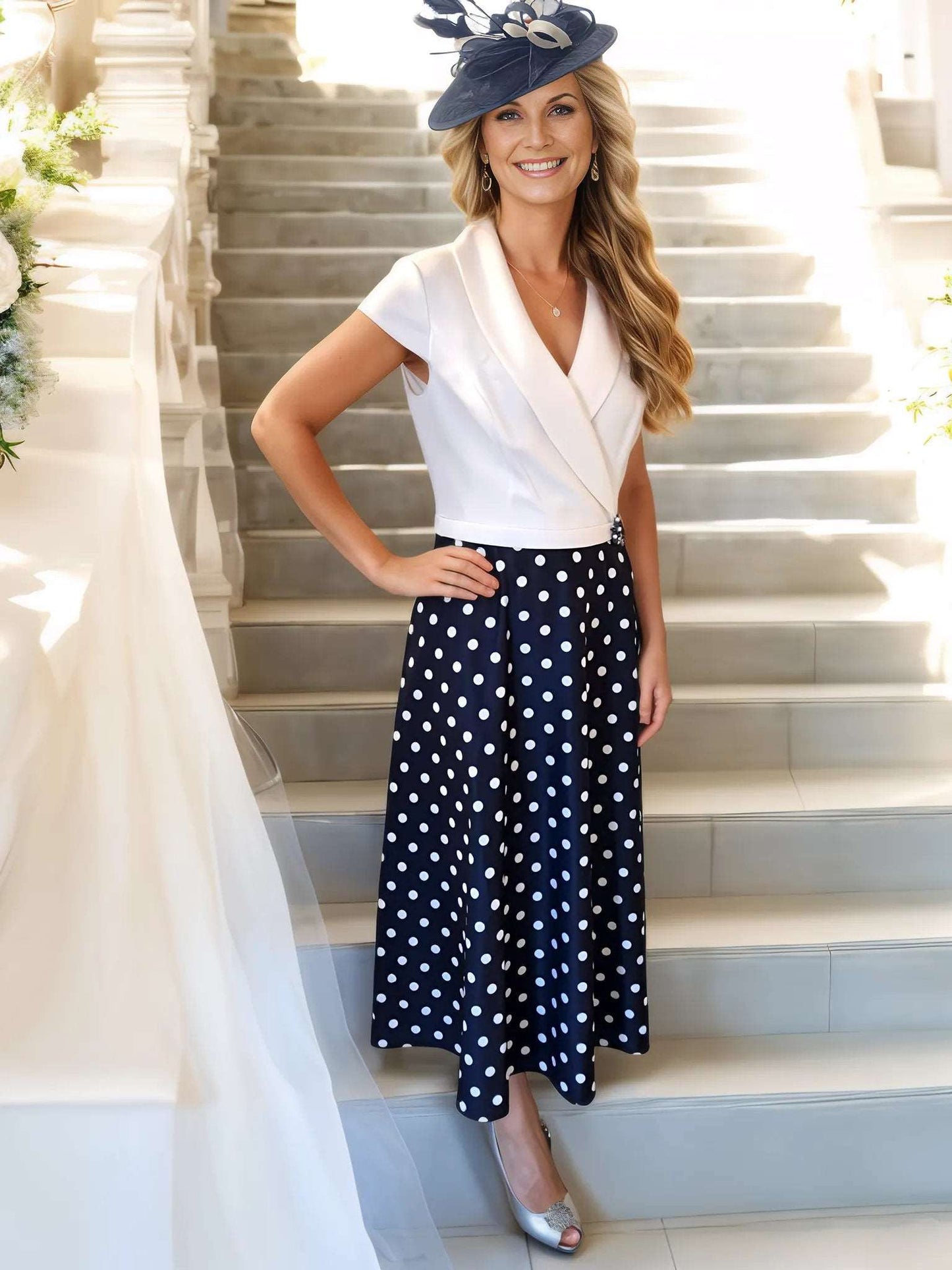 Veni Infantino Navy poker dot Dress is a stunning choice for the Mother of the bride. tea dress, The full skirt is an ideal choice for any special occasion.