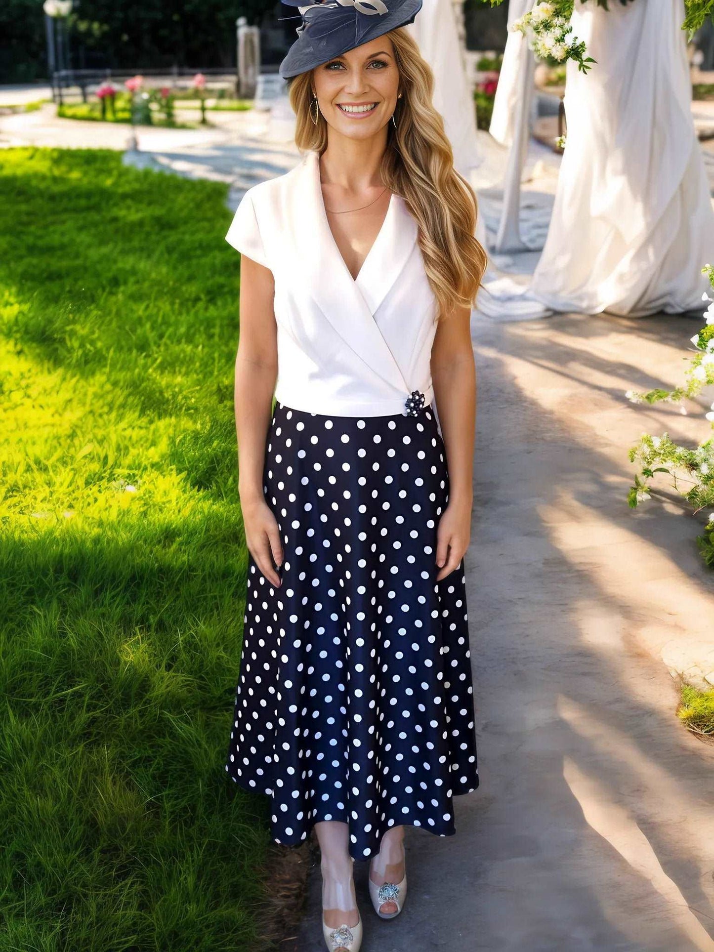 Veni Infantino Navy poker dot Dress is a stunning choice for the Mother of the bride. tea dress, The full skirt is an ideal choice for any special occasion.