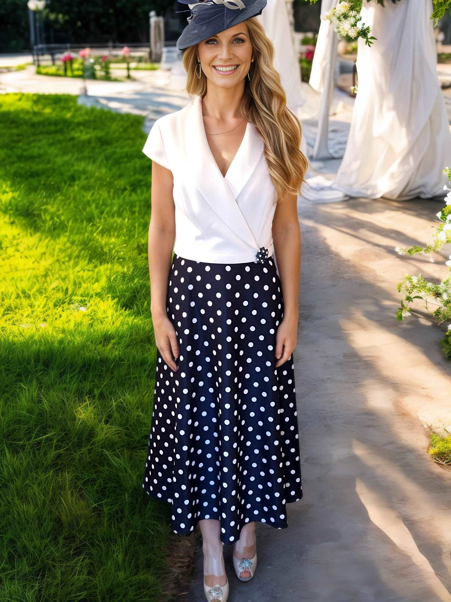 Veni Infantino Navy poker dot Dress is a stunning choice for the Mother of the bride. tea dress, The full skirt is an ideal choice for any special occasion.