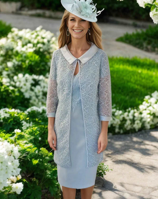 Dress & jacket in sage green colour, it is lined and finished with lace including the matching jacket a perfect outfit for the Mother of the Bride or Groom .