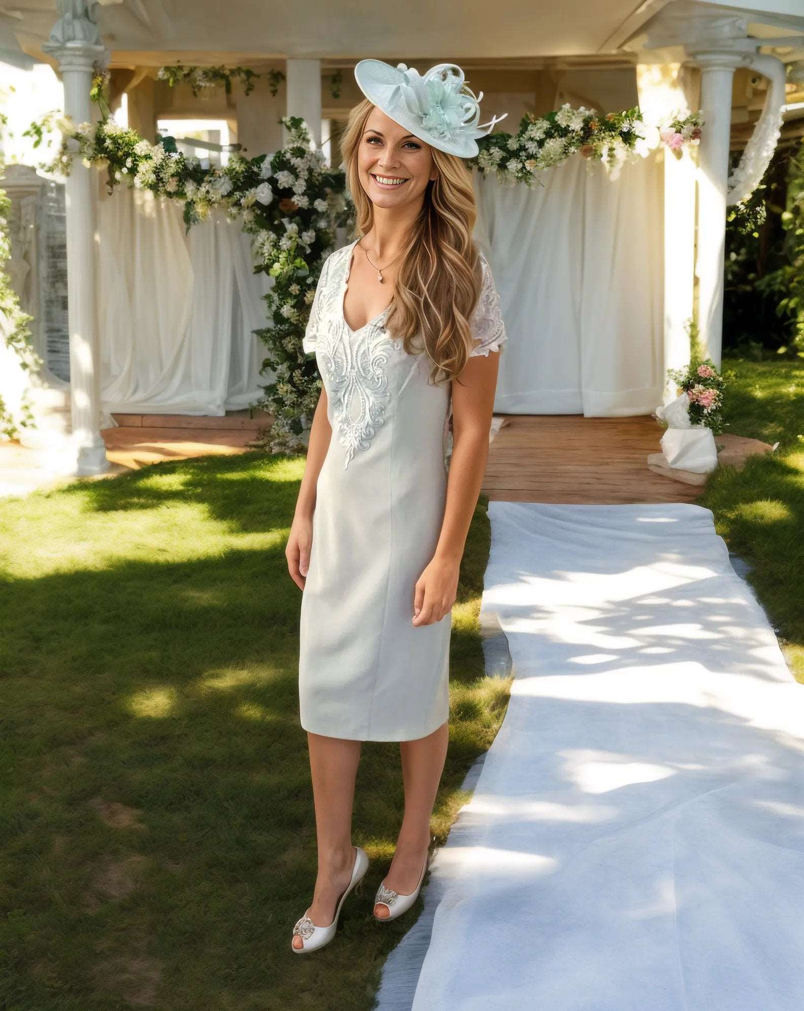 Dress & jacket in sage green colour, it is lined and finished with lace including the matching jacket a perfect outfit for the Mother of the Bride or Groom .