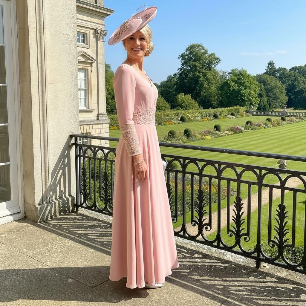 Woman in a veni infantino long pink mother of the bride dress standing on a balcony with a garden and building in the background. Signature Dress.