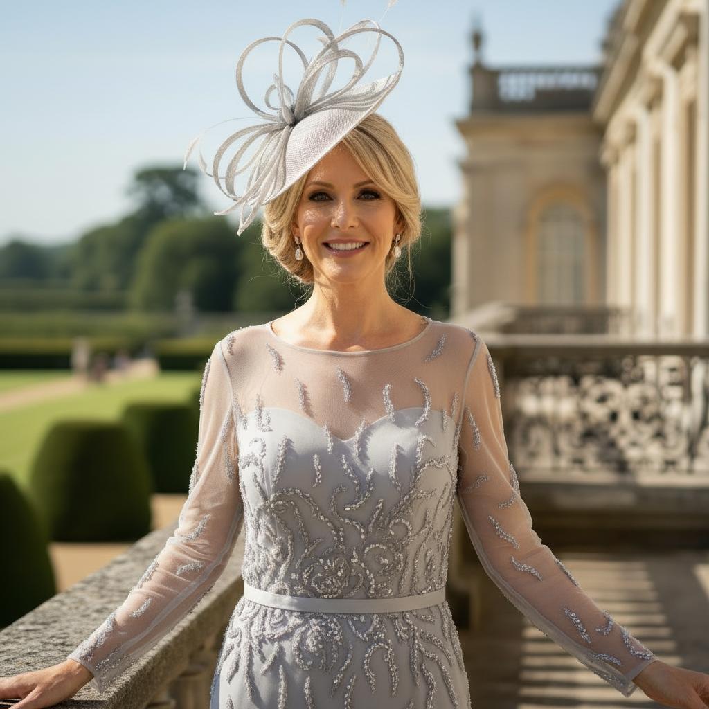 Woman in a Veni Infantino Silver gatsby mother of the bride dress and matching fascinator hat standing on a stone railing with a scenic background.  Signature Dress.
