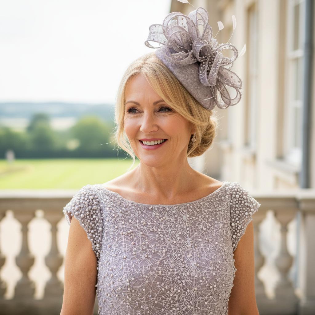Woman in a veni infatino mauve mother of the bride dress with a matching disc fascinator standing on a balcony with a scenic background. Signature Dress