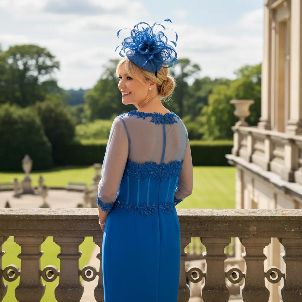 Woman in a Veni Infantino blue mother of the bride dress and jacket and matching blue fascinator hat standing on a stone balcony with a garden background. Signature Dress.