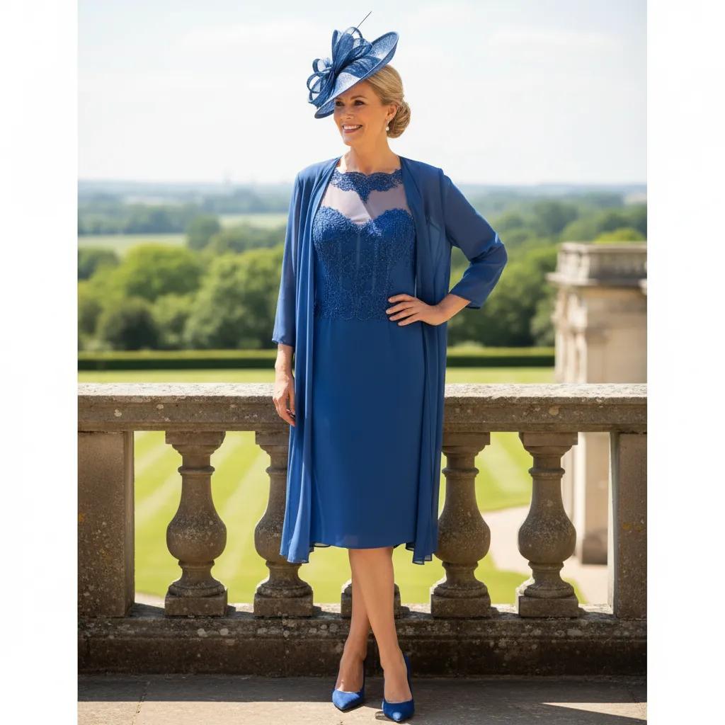 Woman in a Veni Infantino blue mother of the bride dress and jacket and matching blue fascinator hat standing on a stone balcony with a garden background. Signature Dress.