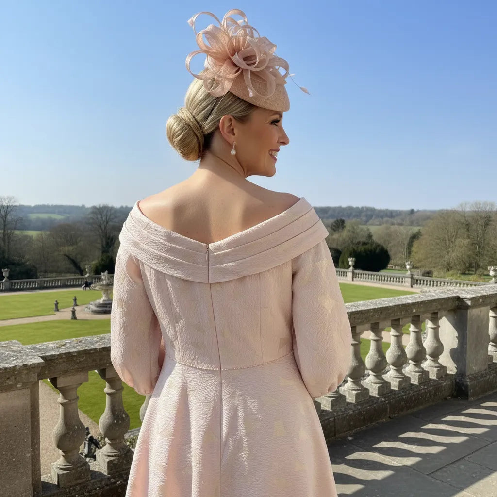 Back view of the Veromia VO0248 pink and gold high‑low dress with flowing A‑line skirt and metallic shimmer.