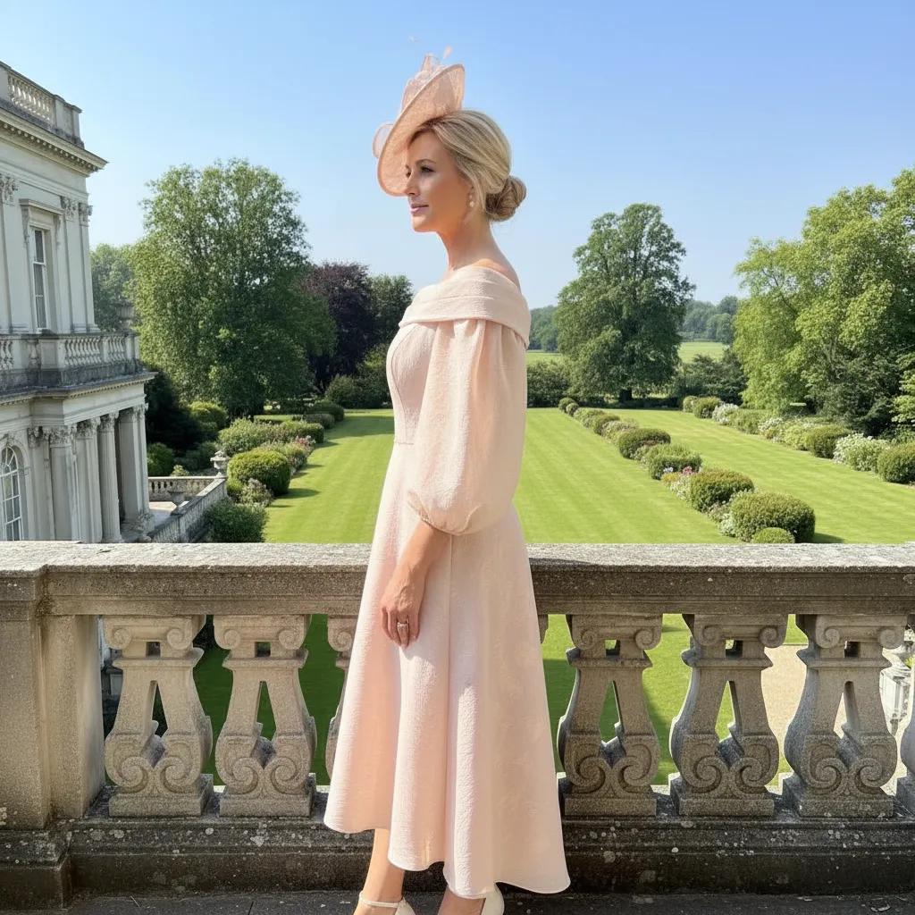 Pink and gold Veromia VO0248 high‑low dress with boned bodice and ¾ puff sleeves, shown from the side view.