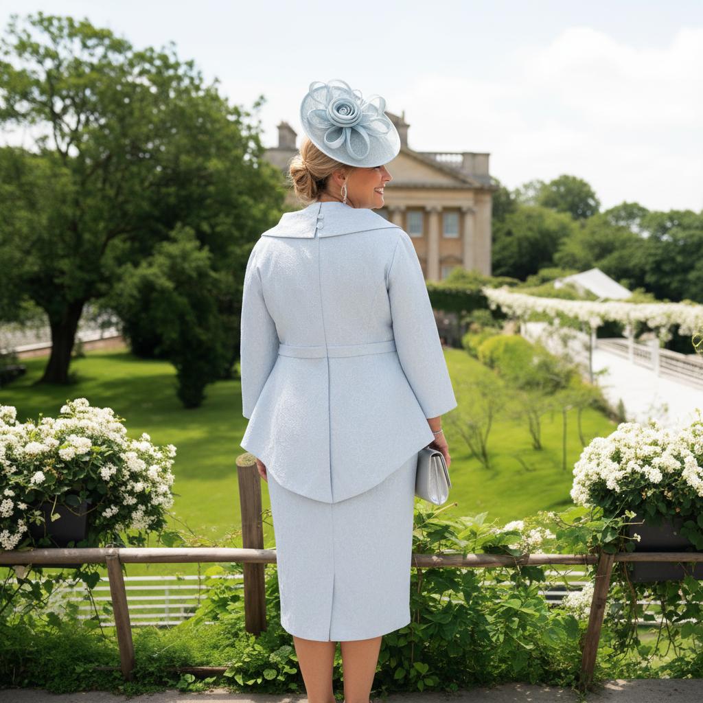 plus size Woman wearing a light blue mother of the bride with sleeves by Veromia. Signature Dress.