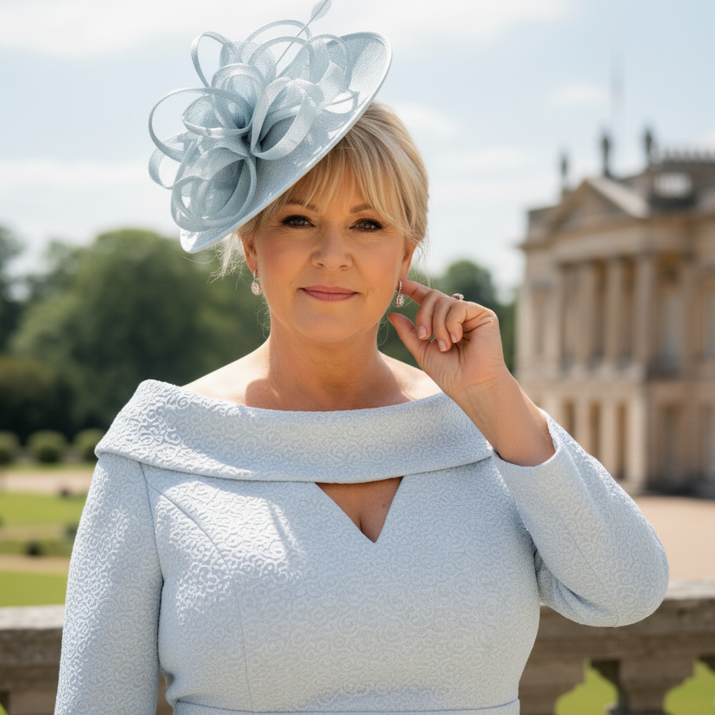 plus size Woman wearing a light blue mother of the bride with sleeves by Veromia. Signature Dress.