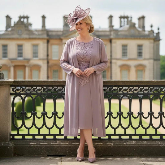 Plus Size Woman in a Veromia mauve mother of the bride outfit with a matching mauve fascinator hat standing in front of an elegant building. Signature Dress.