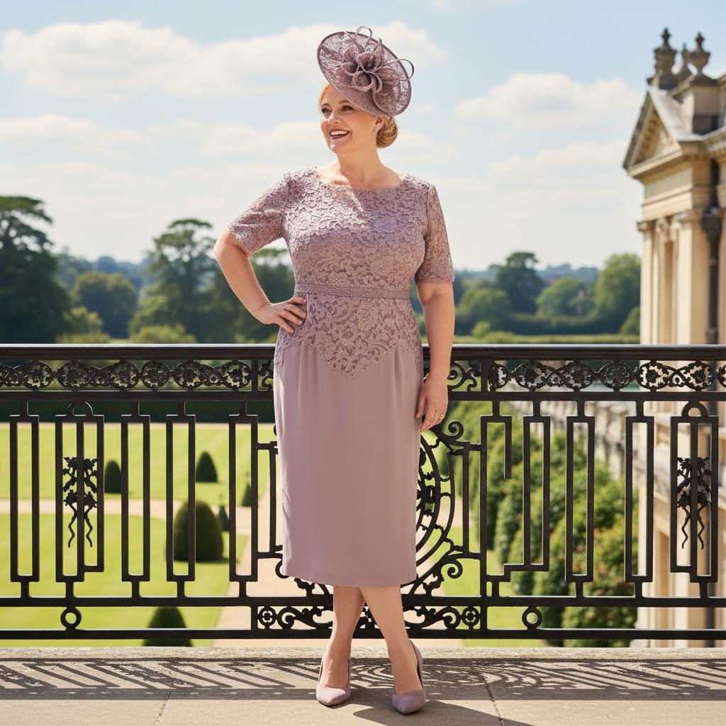 Plus Size Woman in a Veromia mauve mother of the bride outfit with a matching mauve fascinator hat standing in front of an elegant building. Signature Dress.