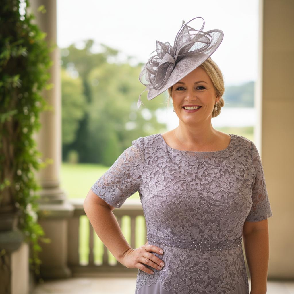 Plus Size Woman in a Veromia mauve mother of the bride outfit with a matching mauve fascinator hat standing in front of an elegant building. Signature Dress.