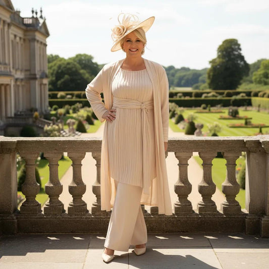 Woman in a veromia beige plus size mother of the bride outfit with a matching fascinator hat standing on a balcony with a garden view. Signature Dress.