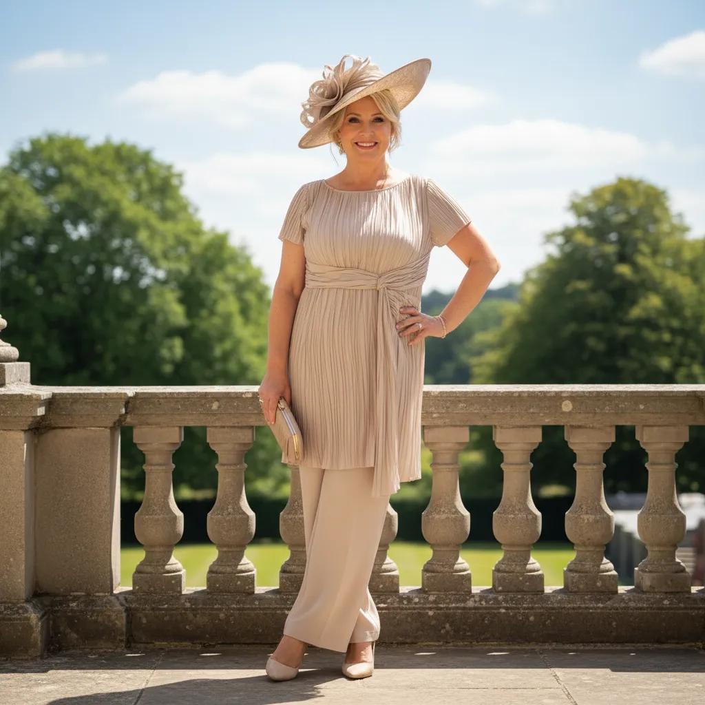 Woman in a veromia beige plus size mother of the bride outfit with a matching fascinator hat standing on a balcony with a garden view. Signature Dress.