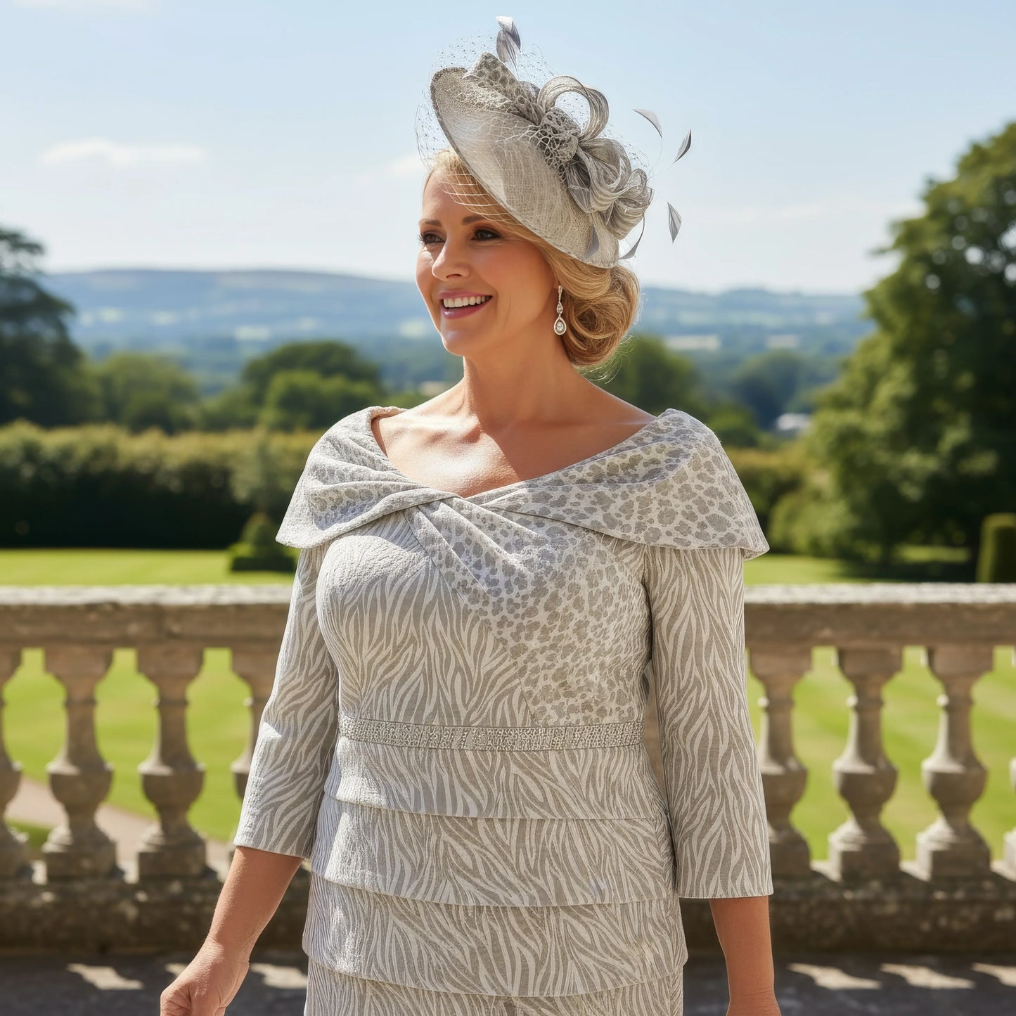 Woman in a silver and taupe veromia plus size dress and hat standing on a balcony with a scenic view.