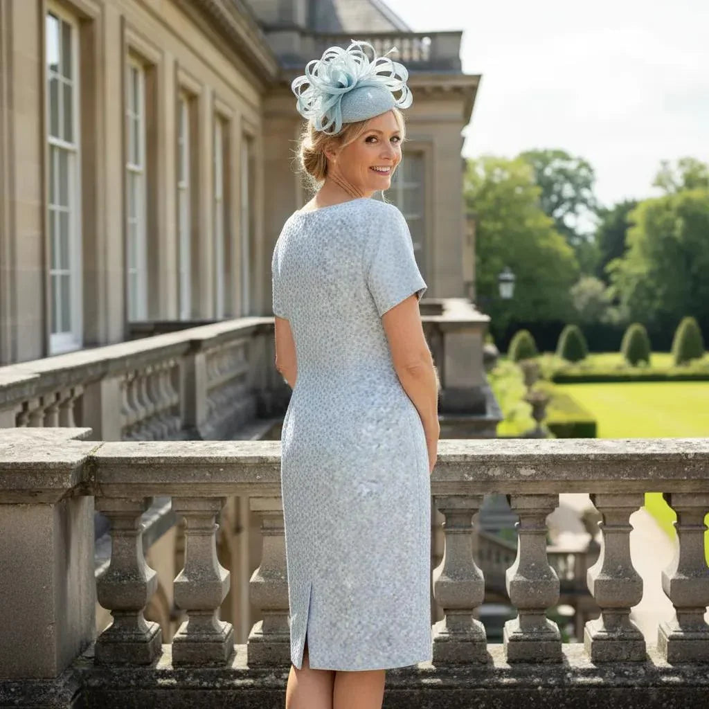 Woman in a plus size Veromia light pastel blue mother of the bride 2 piece suit with a matching fascinator hat standing on a stone ready to attend a wedding. 