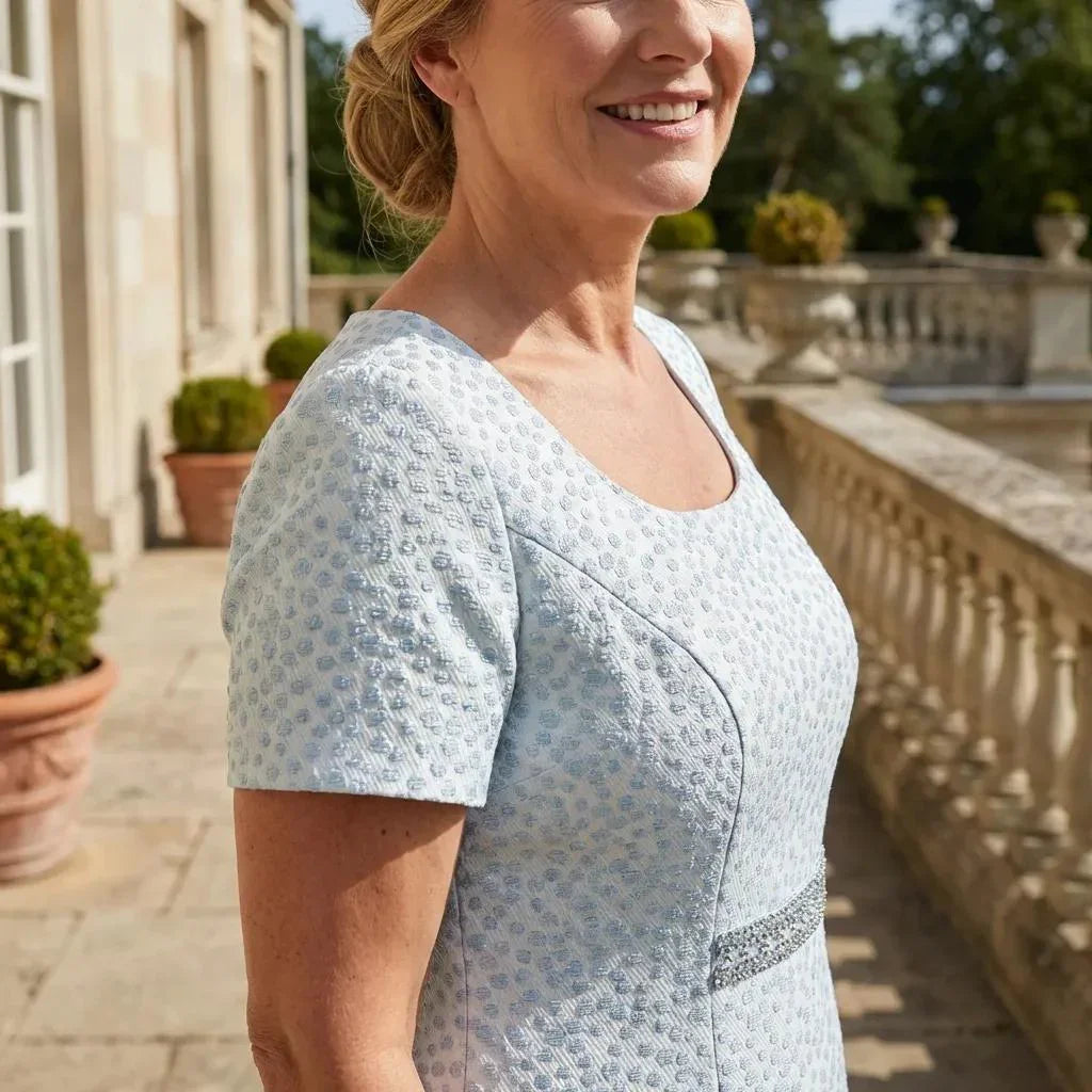 Woman in a plus size Veromia light pastel blue mother of the bride 2 piece suit with a matching fascinator hat standing on a stone ready to attend a wedding. 