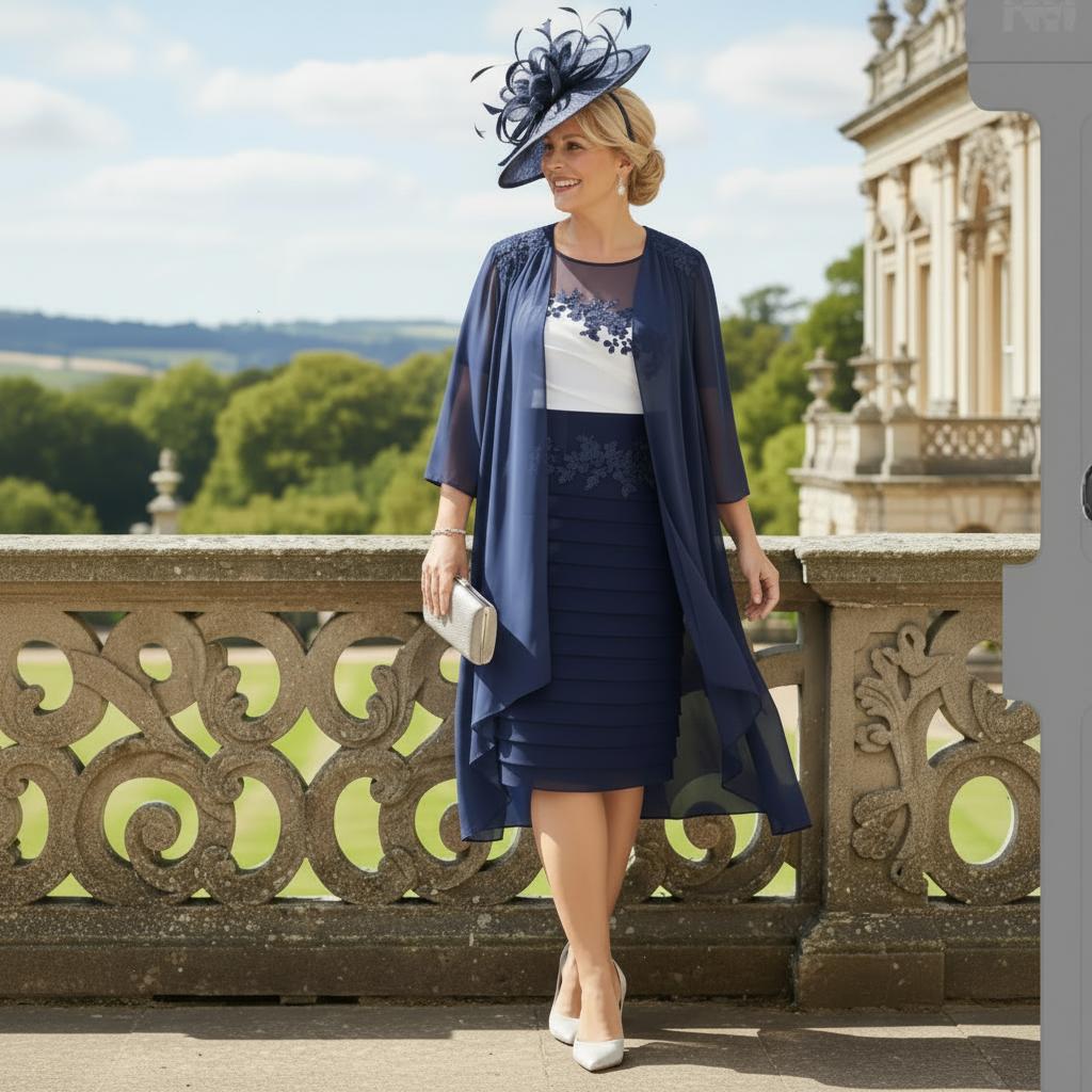 Woman in formal  navy blue mother of the bride dress and matching floaty jacket by Veromia - Signature Dress