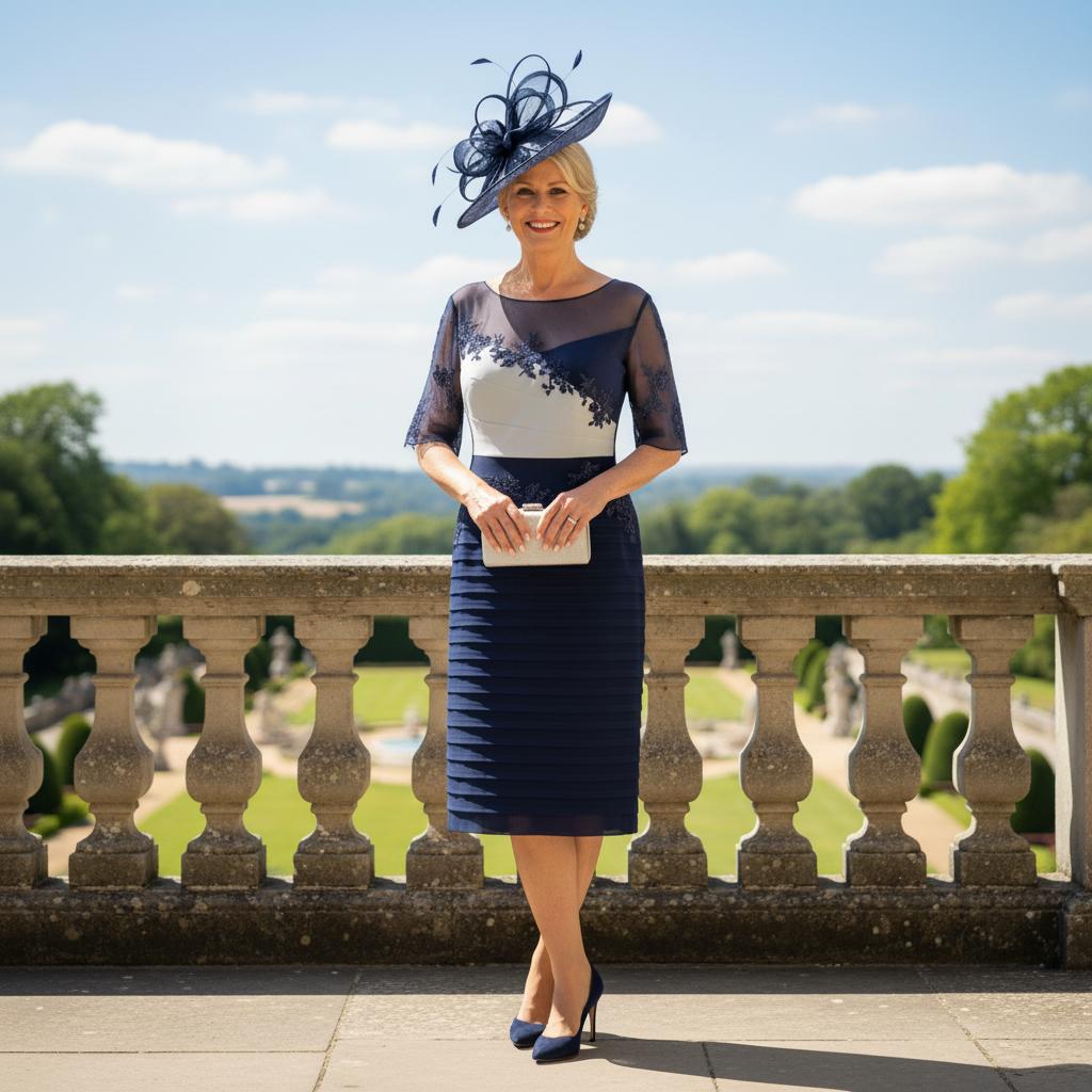 Woman in formal  navy blue mother of the bride dress and matching floaty jacket by Veromia - Signature Dress