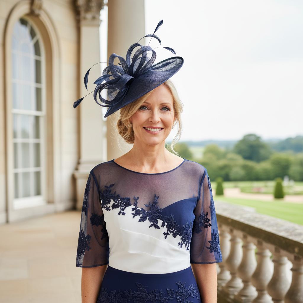 Woman in formal  navy blue mother of the bride dress and matching floaty jacket by Veromia - Signature Dress