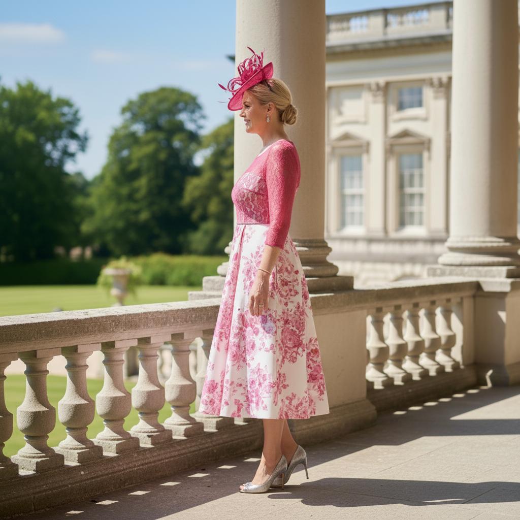 a women wearing a fushia pink mother of the bride dress, a line with 3/3 lace sleeves by veromia - Signature dress