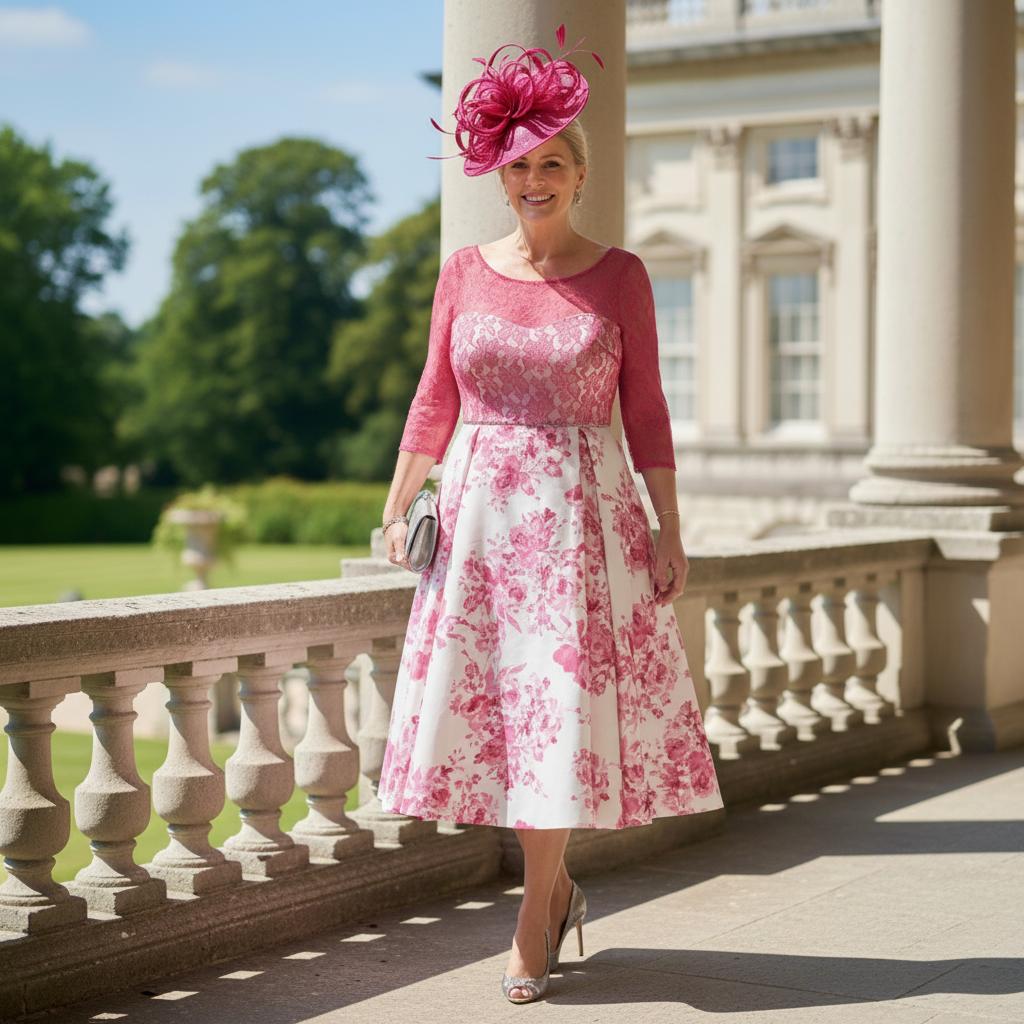a women wearing a fushia pink mother of the bride dress, a line with 3/3 lace sleeves by veromia - Signature dress