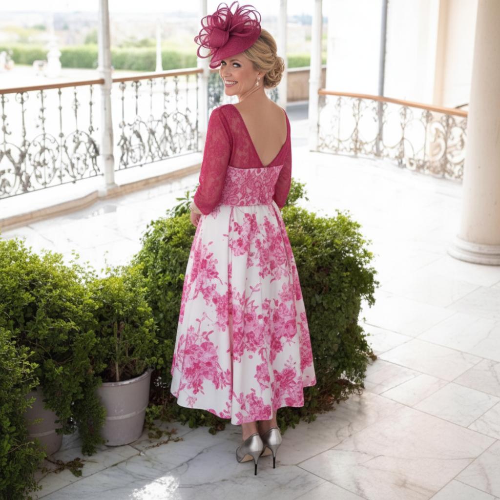 a women wearing a fushia pink mother of the bride dress, a line with 3/3 lace sleeves by veromia - Signature dress