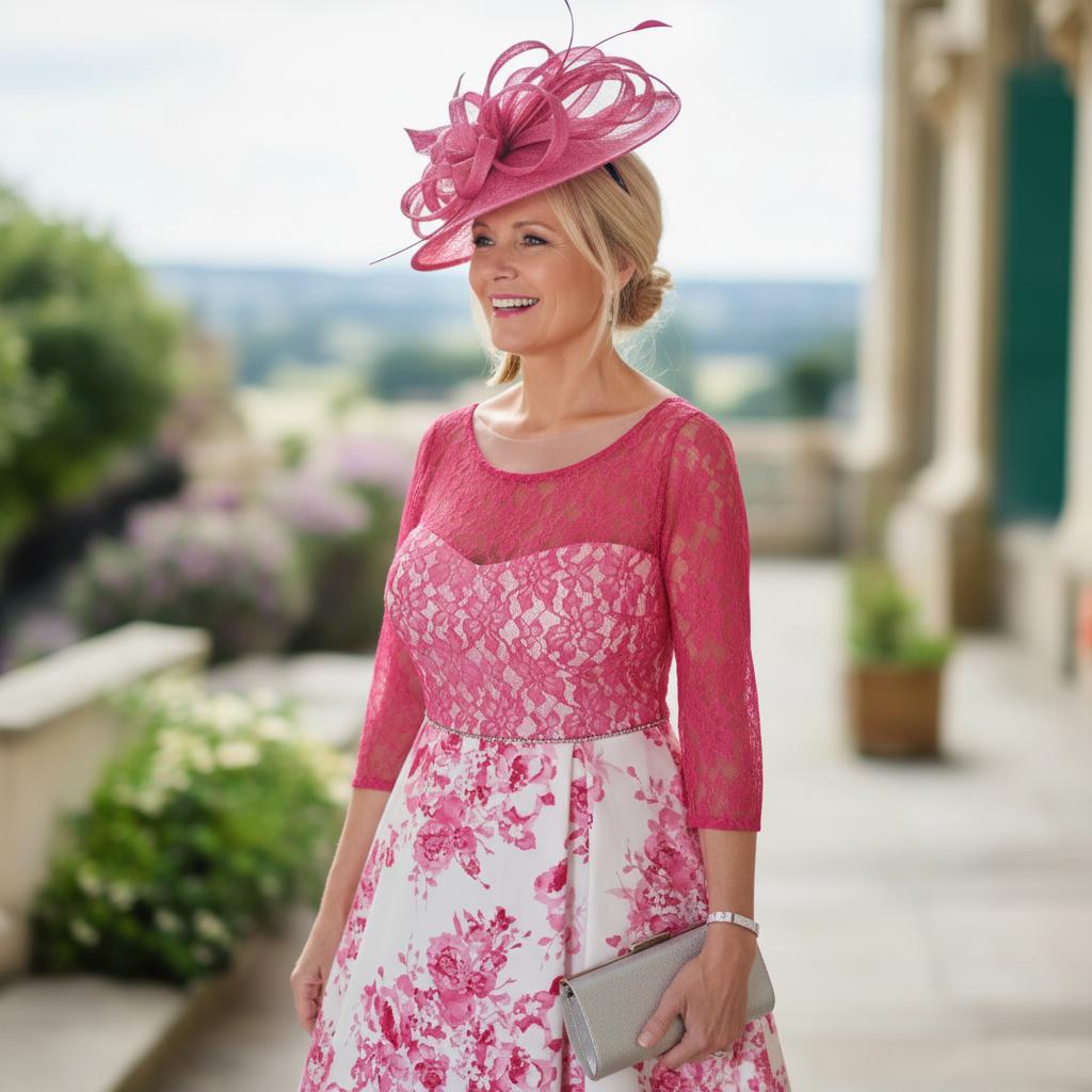 a women wearing a fushia pink mother of the bride dress, a line with 3/3 lace sleeves by veromia - Signature dress