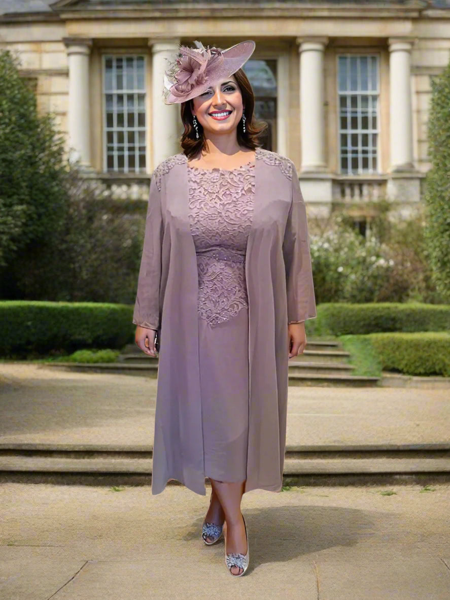 Veromia Dress & Jacket plus size outfit is a stunning choice for the mother of the bride. The dress features delicate lace and chiffon detailing, 