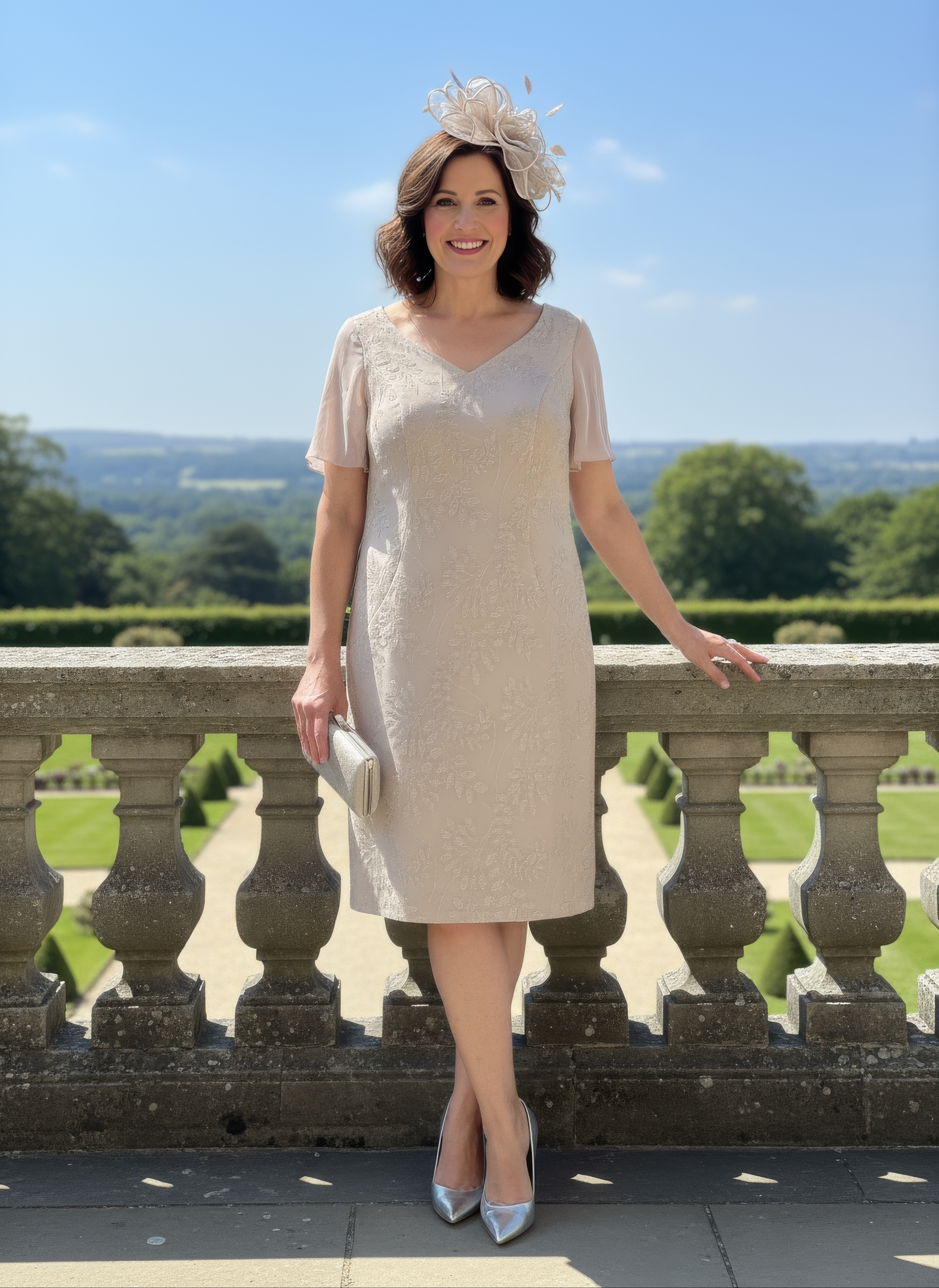 Woman in a beige dress standing on a stone balcony with a scenic background