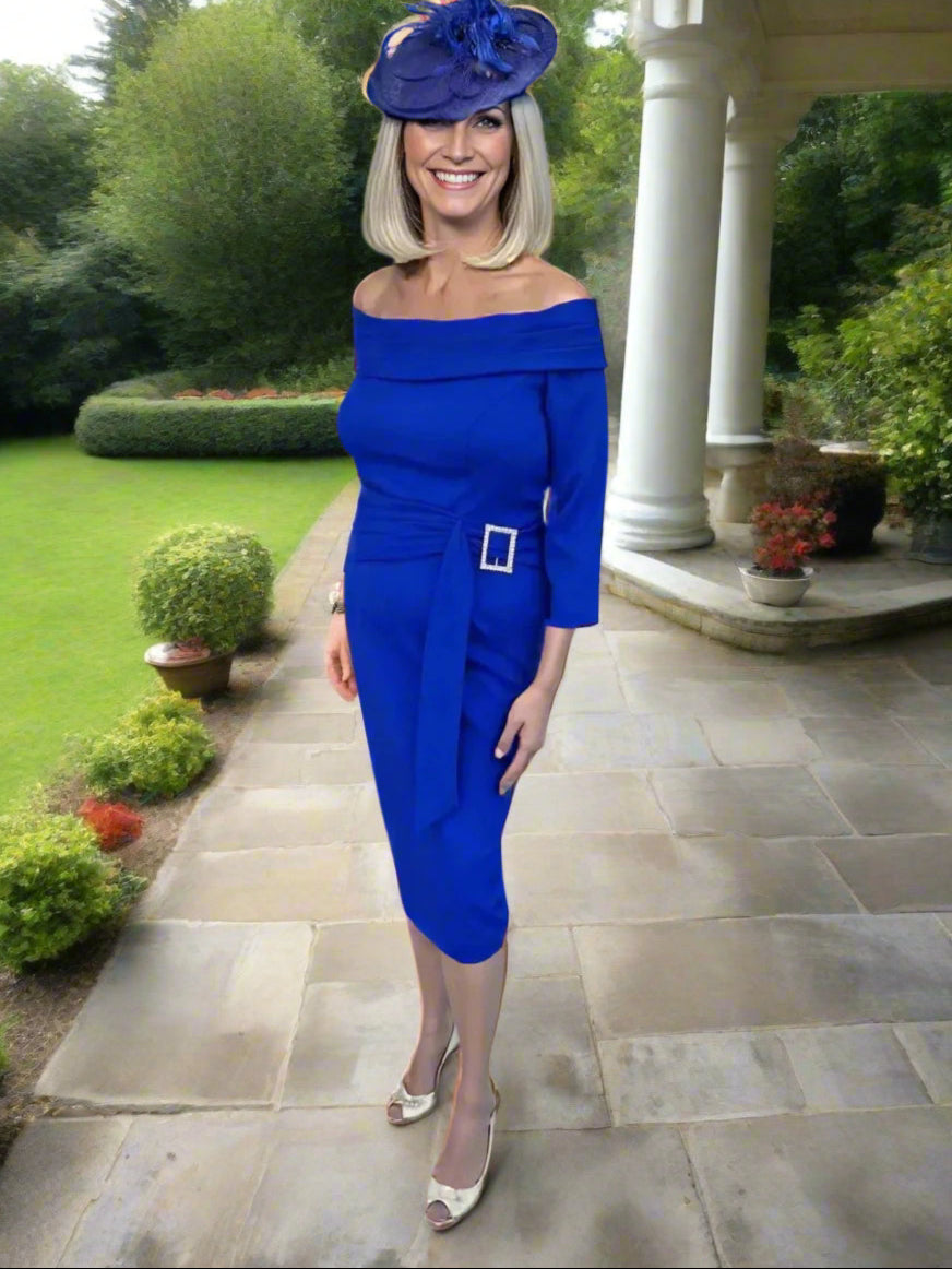 Elegant knee length dress from Veromia's Occasions line. Features 3/4 length sleeves, pleated waist detail, and sparkling diamanté buckle in Cobalt Blue Colour.