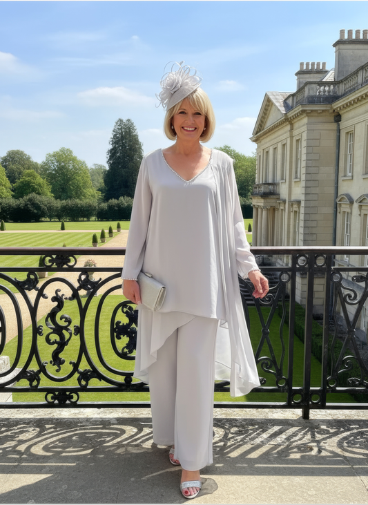Woman in a silver mother of the bride trouser suit outfit make by veromia, standing in front of a large building with a garden.