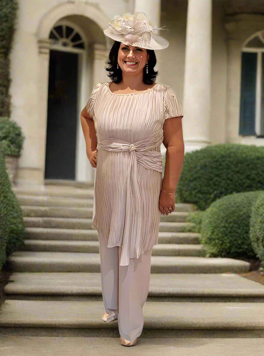 Mother of the Bride suit with chiffon jacket, silky top, and beaded neckline and cuffs. Can be worn as a dress. Comfortable, light, perfect for any occasion.